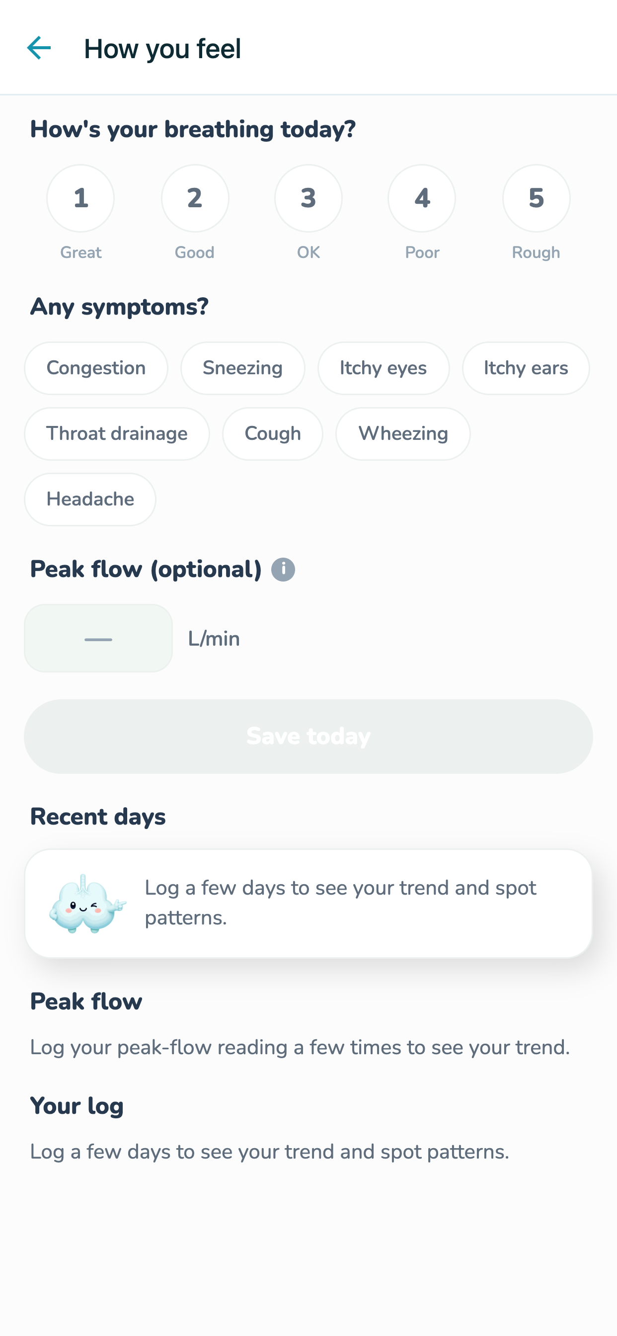 The SafeInhale Journal screen — log how you feel, symptoms, and peak flow