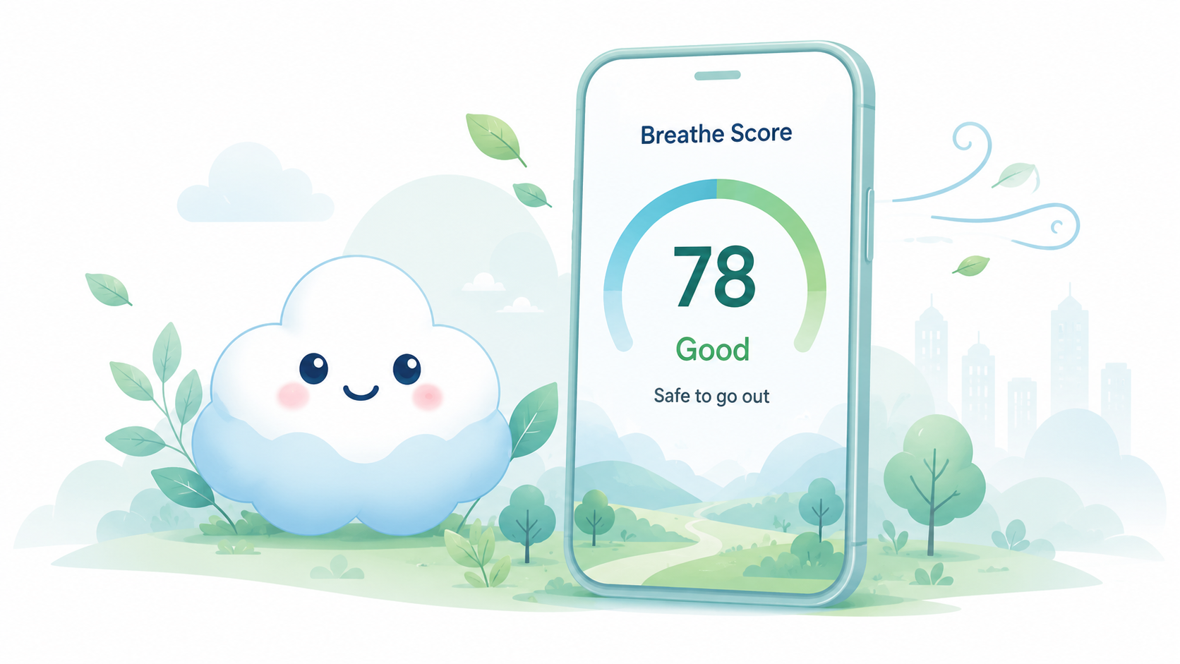 A friendly cloud mascot beside a phone showing a Breathe Score of 78 — Good, conditions look favorable