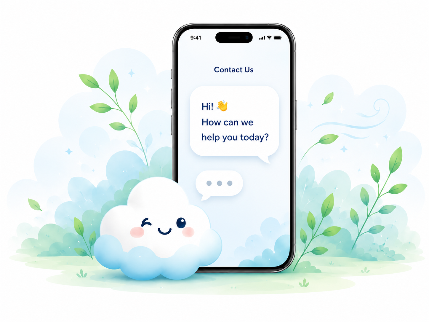 A friendly cloud mascot beside a phone with a “Hi! How can we help you today?” chat